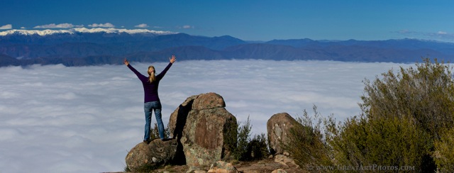Corryong under fog and Snowy Mountains from Mt Mittamatite